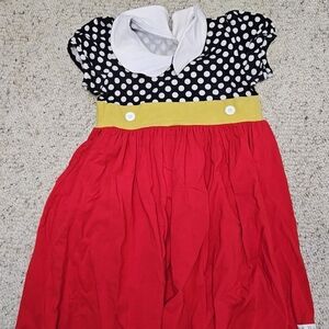 Girls Polka Dot Bodice Red Skirt Casual Dress with Yellow Waistband